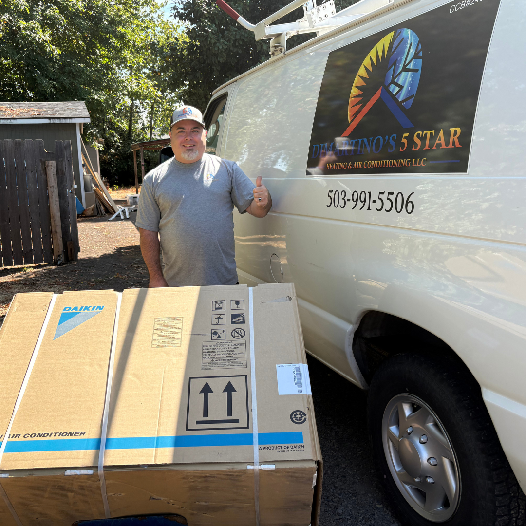 Professional HVAC technician from DiMartino's 5 Star Heating & Air Conditioning with service van and AC equipment ready for installation in Salem Oregon